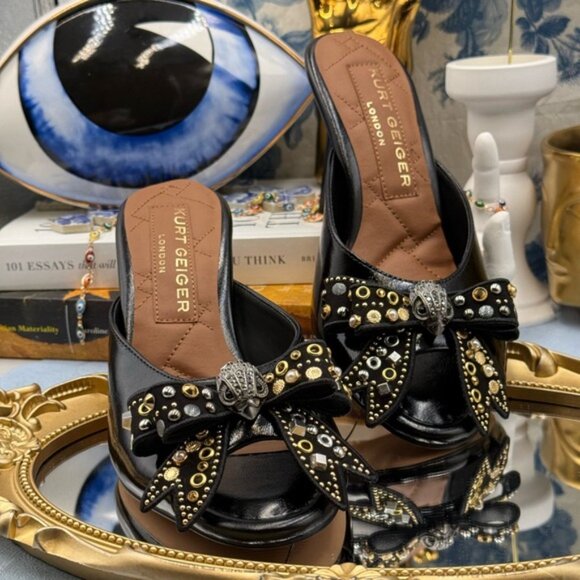 🆕 KURT GEIGER LONDON 🧿 NWOB Belgravia Stud Bow Mule Heel, Black - Sz 37 US 7 - Picture 7 of 15